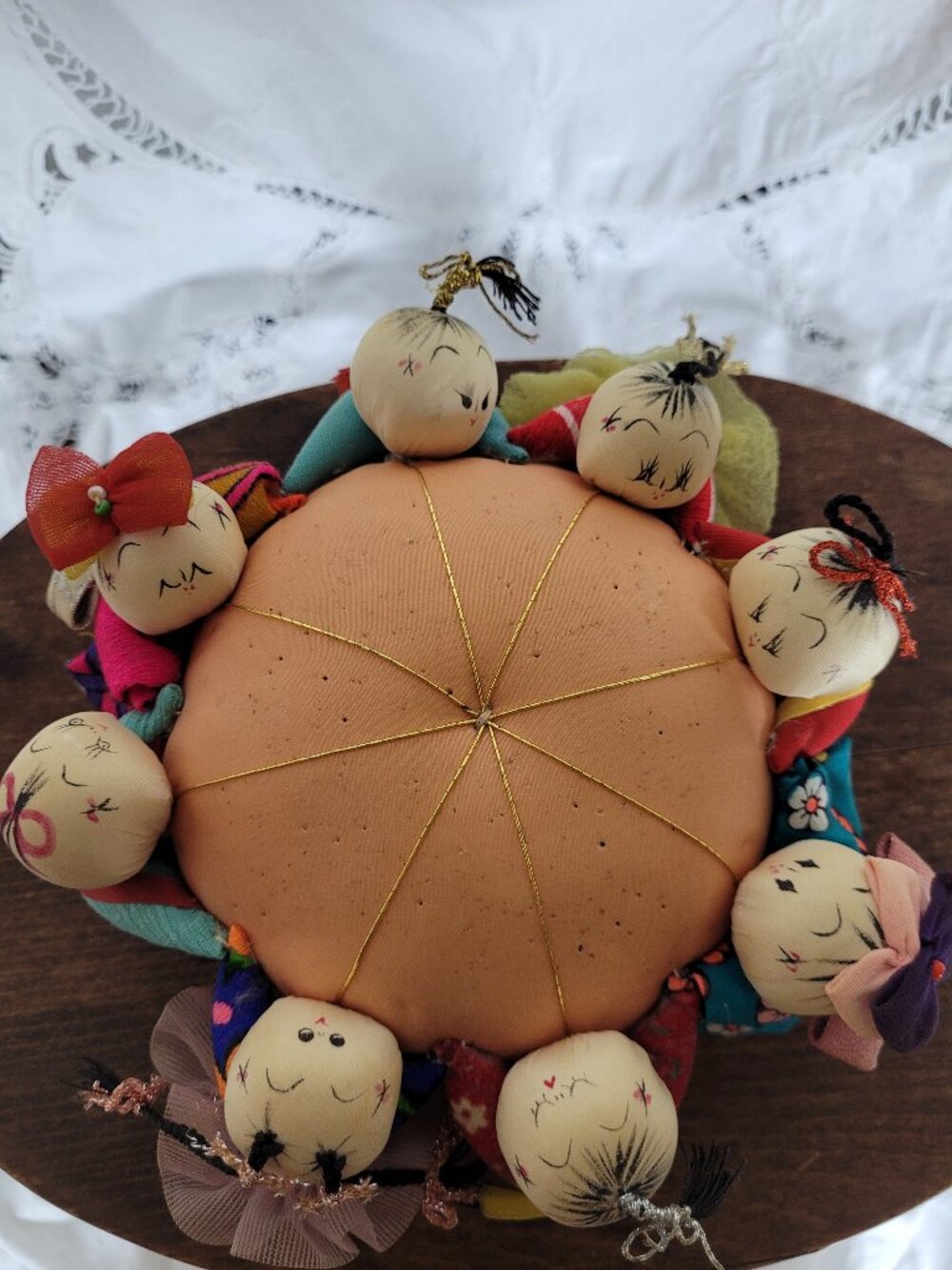 Vintage Pincushion Japanese Hand Painted Kimono Hand Made Boys and Girls